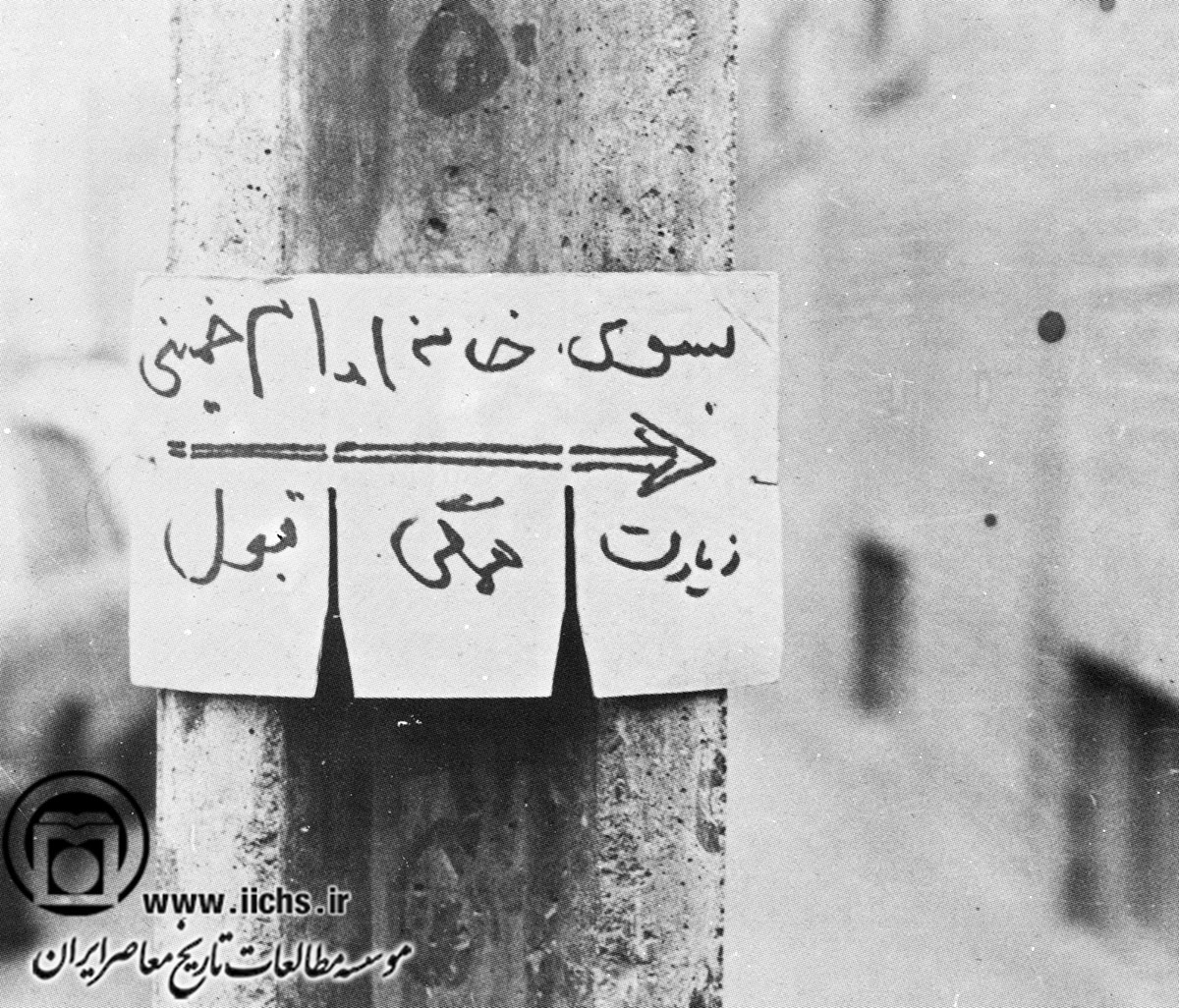  تابلویی که مسیر مدرسه علوی تهران را به مشتاقان امام خمینی نشان می‌دهد (بهمن 1357)