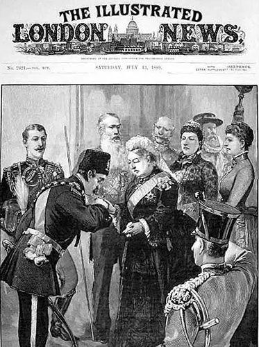 ادای احترام ناصرالدین‌شاه قاجار، پادشاه ایران، به ویکتوریای اول، ملکه بریتانیا و شهبانوی هند در ژوئیه ۱۸۵۹م، در قلعه ویندسور